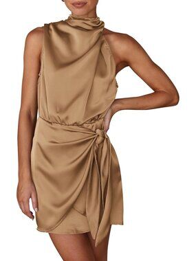 Women's Light Khaki Sleeveless Mock Neck Formal Satin Tie Waist Tank Top Dress